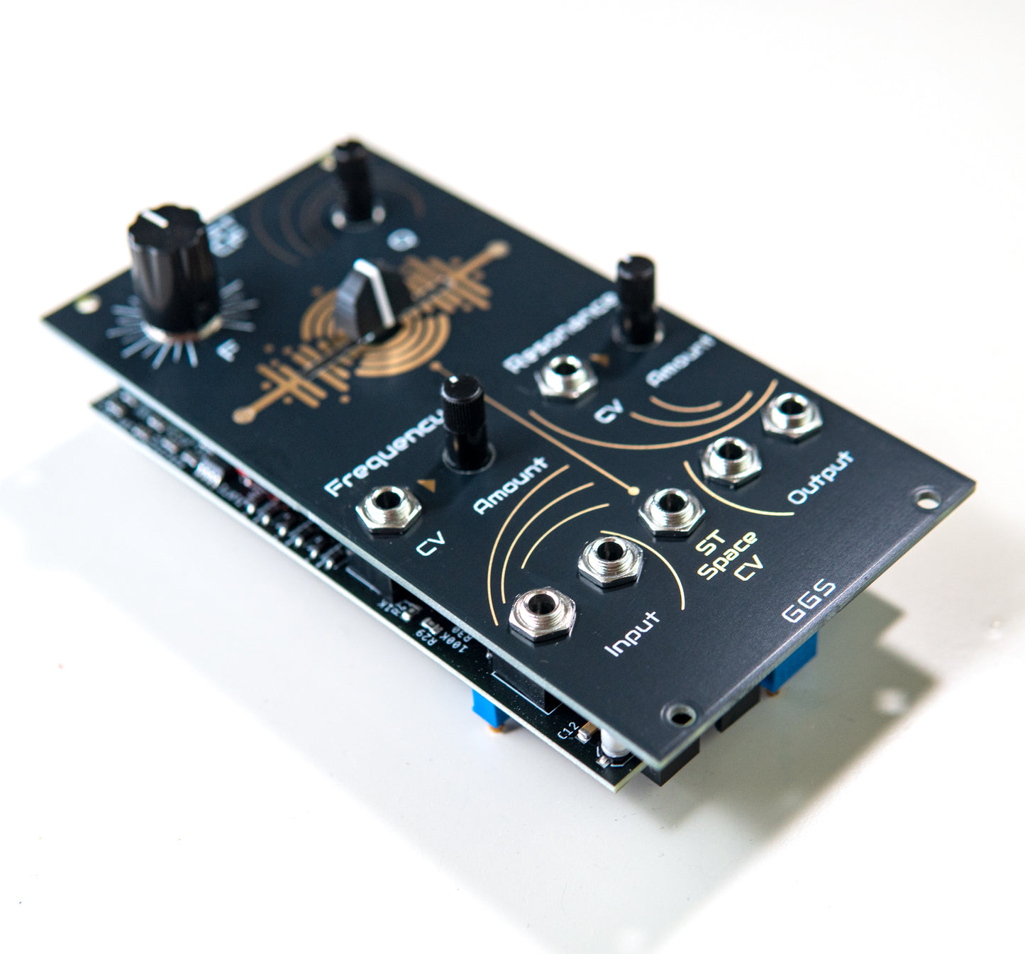 A macro shot of the Riot ST VCF's stereo input and output jacks. The surrounding text labels for "In L/Mono," "In R," "Out L," and "Out R" are clear, showing the routing options for both mono and stereo signals.