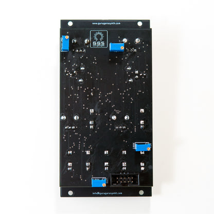 The rear view of the Riot ST VCF Eurorack module, revealing the power connector and several small trimmer potentiometers. The PCB board is visible, along with various electronic components.